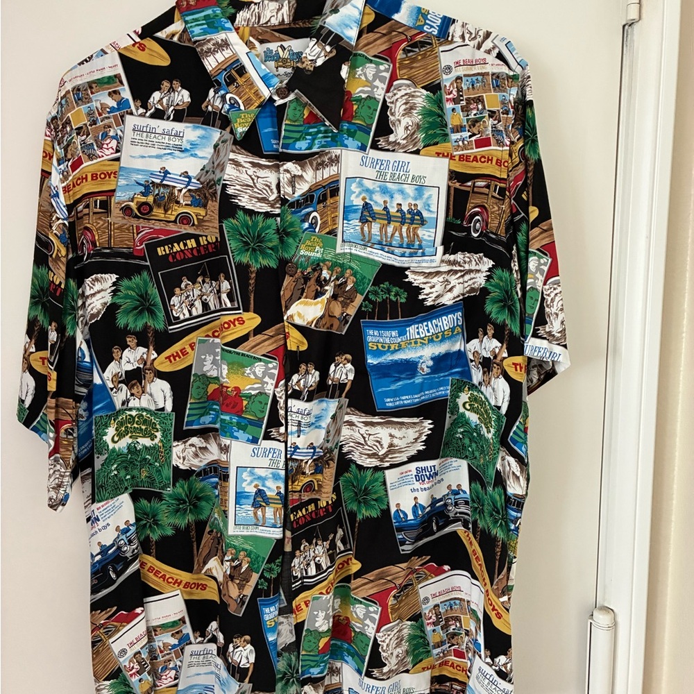 Reyn Spooner Black Hawaiian Shirt w/ Colorful Prints of Beach Boys album covers.